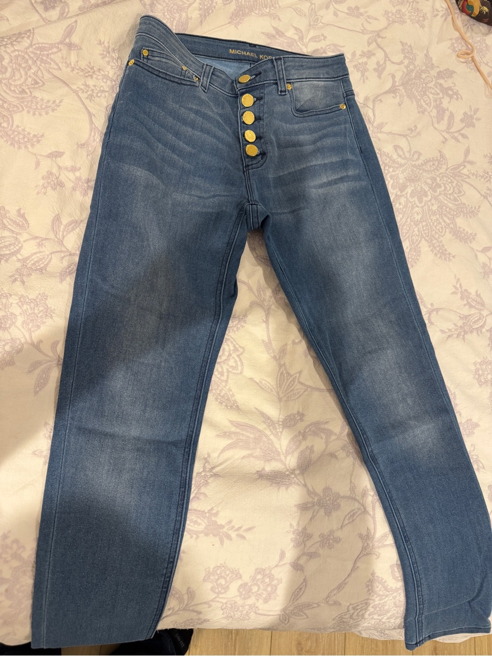 Michael Kors Women's Skinny Dark Blue Jeans with Gold Buttons